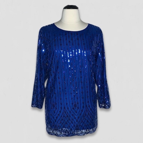 Bob Mackie Wearable Art Sequined Mesh Tunic Dress Royal Blue 3X - Picture 1 of 11